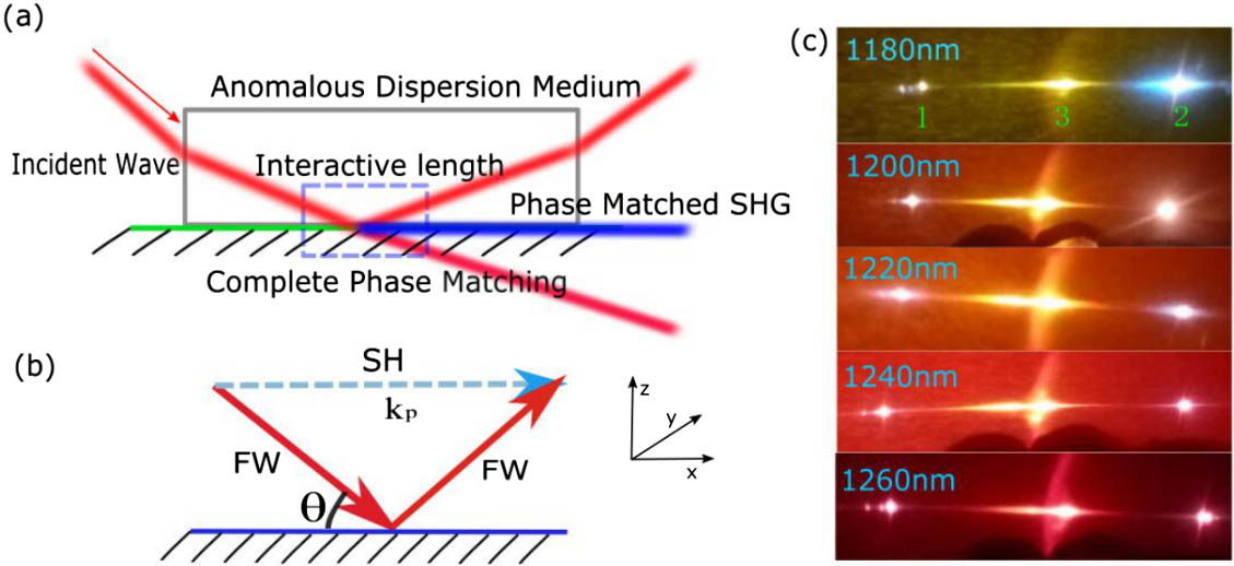 (a) Diagrams of SHG generated by incident and reflected fundamental waves. (b) The triangle phase-matching type of the SHG spot. (c) The photographs of SHG with different fundamental wavelengths (1180 nm, 1200 nm, 1220 nm, 1240 nm, and 1260 nm).