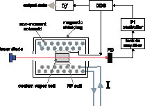Schematic diagram of the proposed current sensor. I: current to be measured; PD: photodiode; PI: proportional-integral; DDS: direct digital synthesis; RF: radio frequency; I/f: Larmor frequency to I data converter.