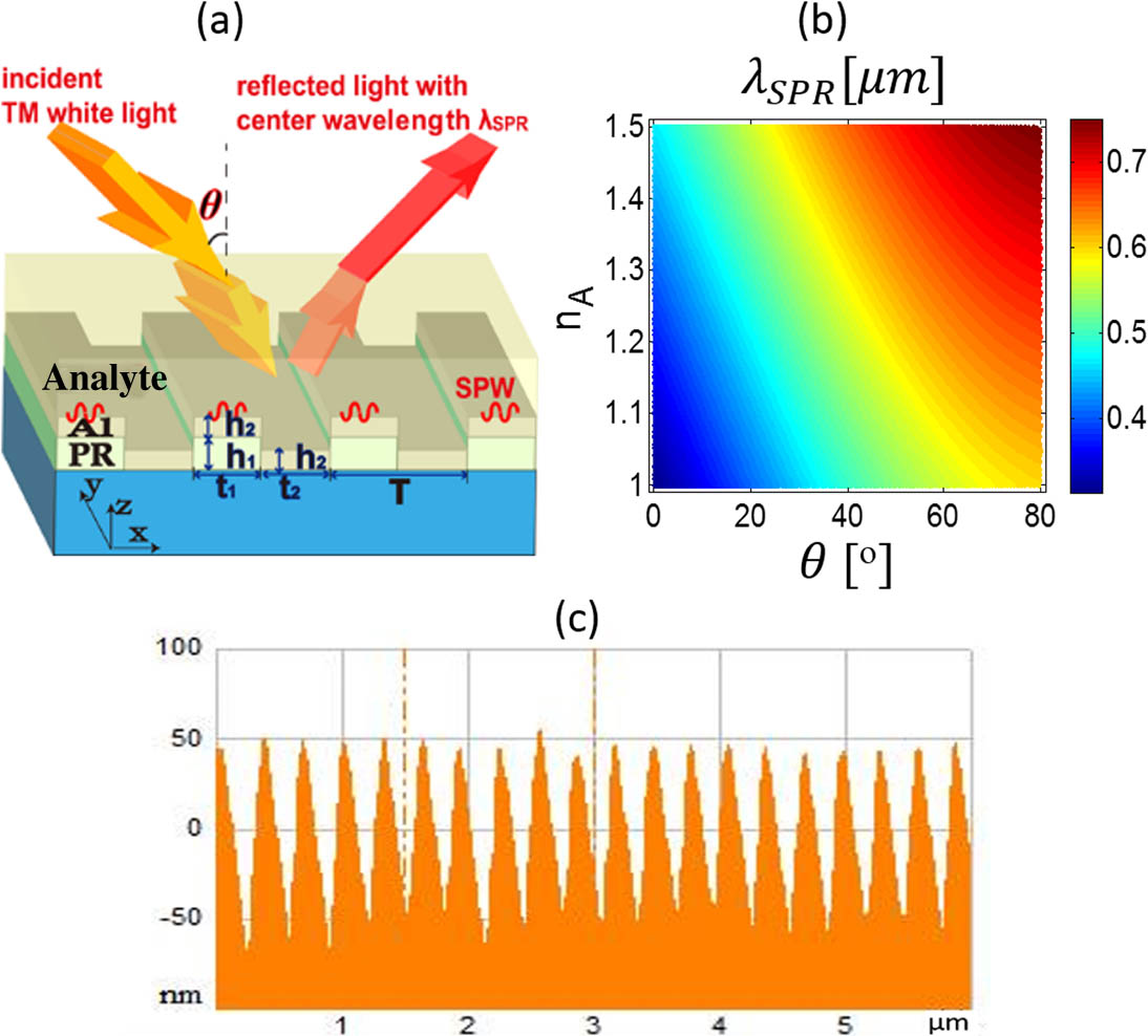 (a) Schematic diagram of the bilayer metallic nanowire grating. (b) The theoretical SPR wavelength λSPR changing with ambient refractive index nA and incident angle θ. (c) AFM image of the fabricated grating structure.