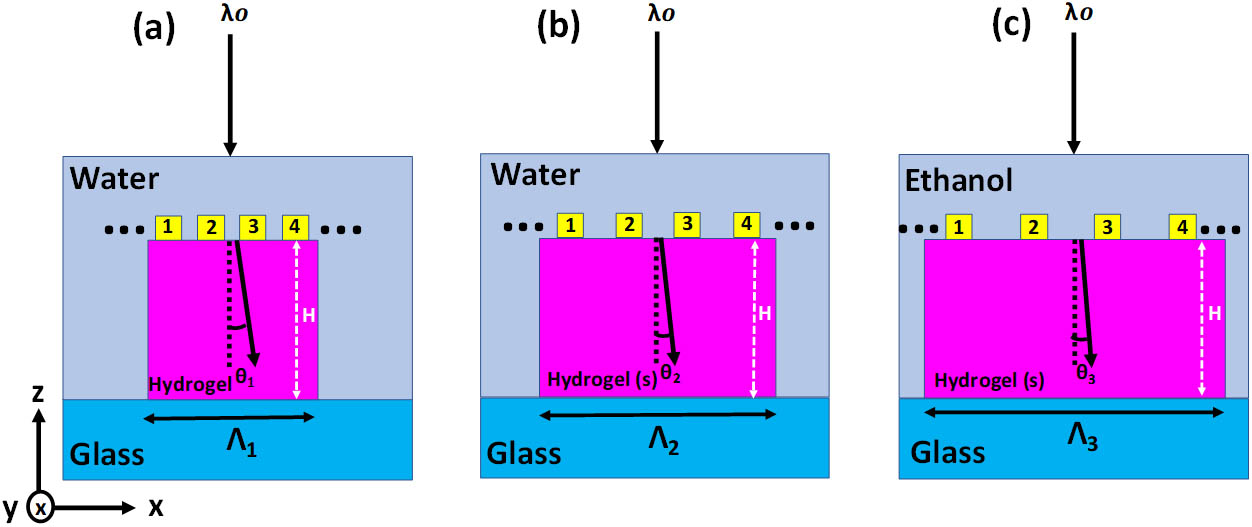 Schematic of the tunable beam deflector. The array of resonators is loaded on the surface of hydrogel. (a) Hydrogel in water after the TLCST, (b) hydrogel in water before the TLCST, (c) hydrogel in ethanol. The letter “s” in parentheses stands for swollen hydrogel. Periodic arrays of optimized resonators are loaded on hydrogel from which the set of four resonators makes a supercell. The sizes of supercells in the x direction in each condition are denoted by Λ1, Λ2, and Λ3, respectively. θ1, θ2, and θ3 are the corresponding deflection angles in each condition, respectively. Also, Λ3>Λ2>Λ1. H is the height of the hydrogel.