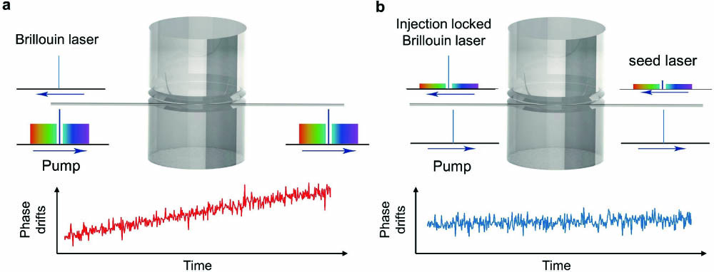 Comparison of all-optical carrier recovery using (a) free-running and (b) injection locked Brillouin laser in optical microcavity.