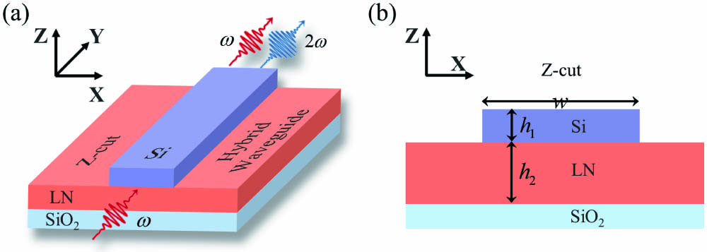 Highly efficient SHG in modal phase-matched z-cut Si-LNOI hybrid waveguide. (a) Schematic and working principle of the Si-LN hybrid waveguide. (b) Cross-section schematic of the waveguide structure.
