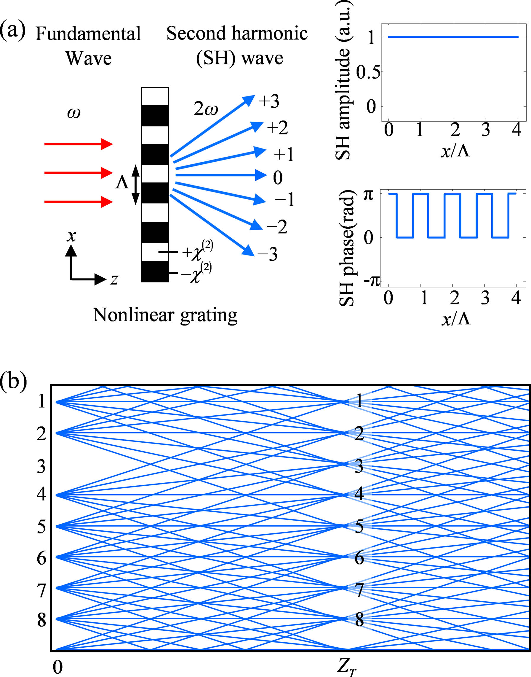 (a) SH diffraction from a nonlinear χ(2) grating. The grating has a periodic variation of the sign of the second-order nonlinear coefficient χ(2), which can generate SH waves with uniform amplitude but periodic phase difference of π. (b) Illustrating Talbot self-healing, where the initially missing point (#3) is restored in the first Talbot image plane.