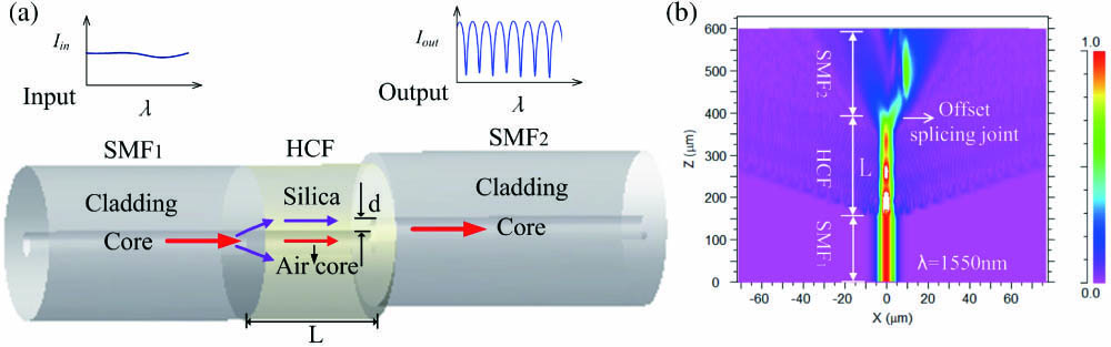 (a) Schematic diagram of the proposed SMF-HCF-SMF temperature sensor; (b) simulation result of light propagation in the SMF-HCF-SMF configuration at 1550 nm.