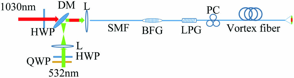 Schematic diagram of fiber-based STED nanolithography setup. (HWP, half wave plate; QWP, quarter wave plate; DM, dichroic mirror; L, lens; SMF, single-mode fiber; BFG, Bragg fiber grating; LPG, long-period grating; PC, polarization controller.)
