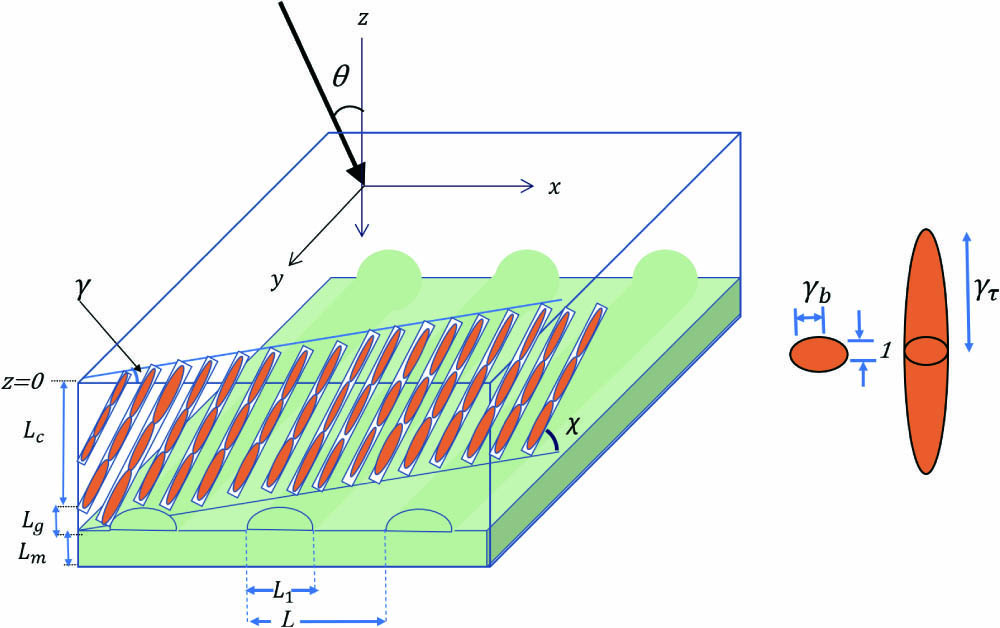Schematic of the boundary-value problem solved for the surface-plasmonic sensor based on the grating-coupled configuration. The CTF is symbolically represented by a single row of nanocolumns, each of which is modeled as a string of electrically small ellipsoids with semi-axes in the ratio 1:γb:γτ.
