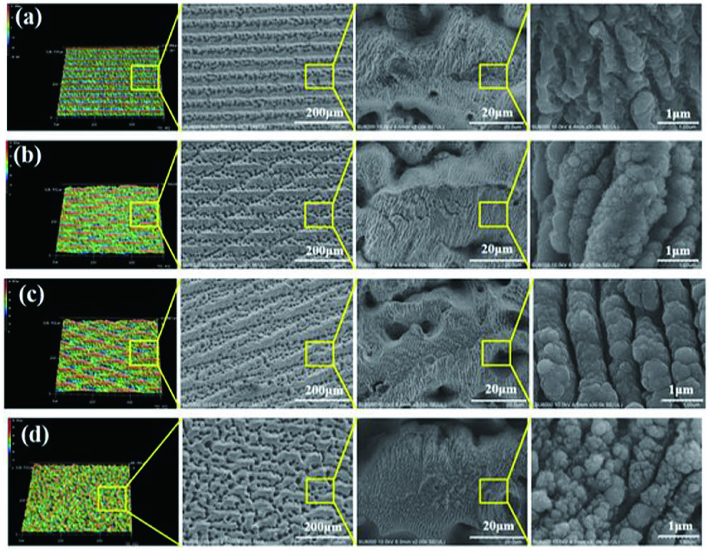 Three-dimensional morphology of the samples fabricated by the fs laser at different scanning speeds: (a) 20 mm/s, (b) 30 mm/s, (c) 40 mm/s, and (d) 60 mm/s.