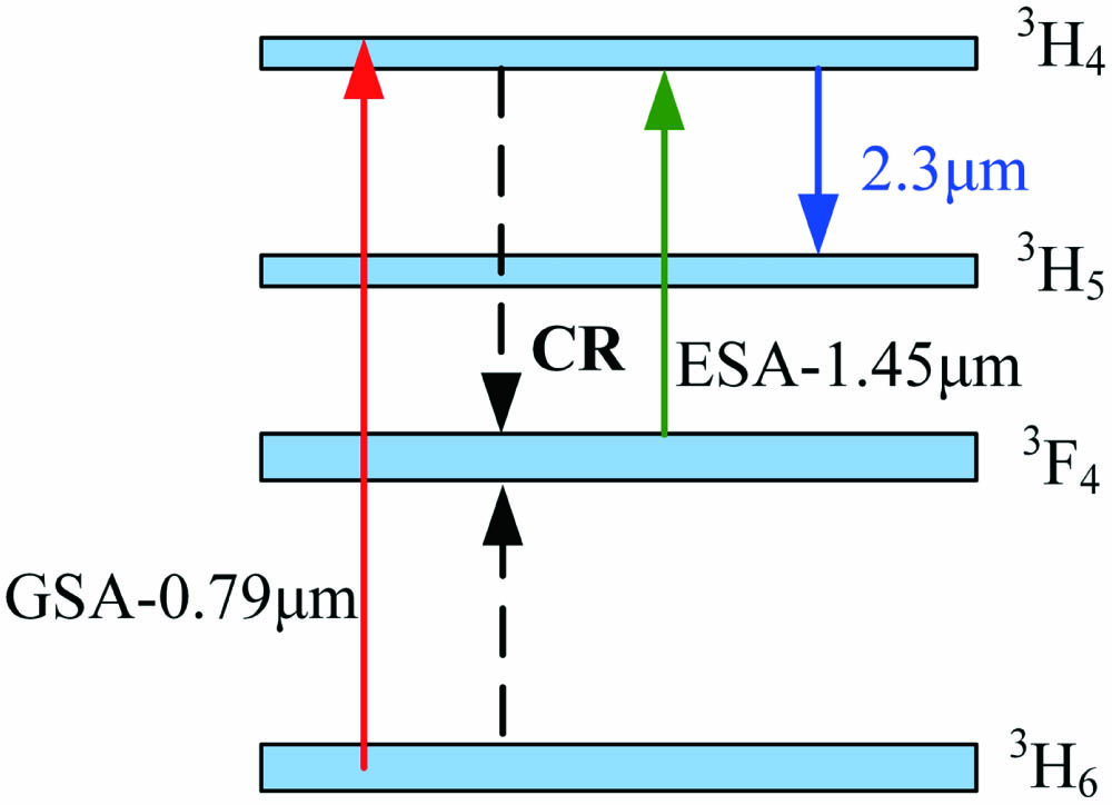 Schematic diagram for GSA and ESA dual-wavelength-pumped 2.3 µm thulium laser. GSA, ground state absorption; ESA, excited state absorption; CR, cross relaxation.