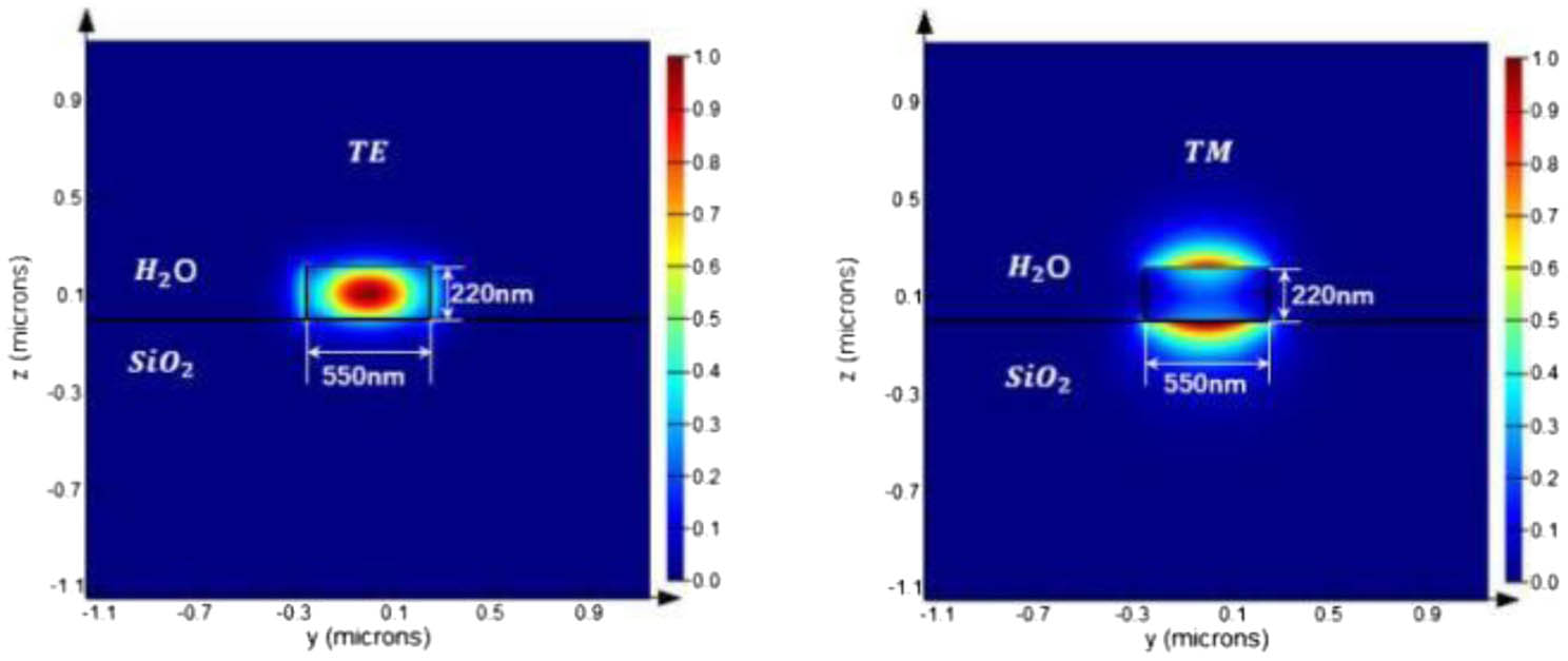 Mode profiles in the Si waveguide (550 nm×220 nm).