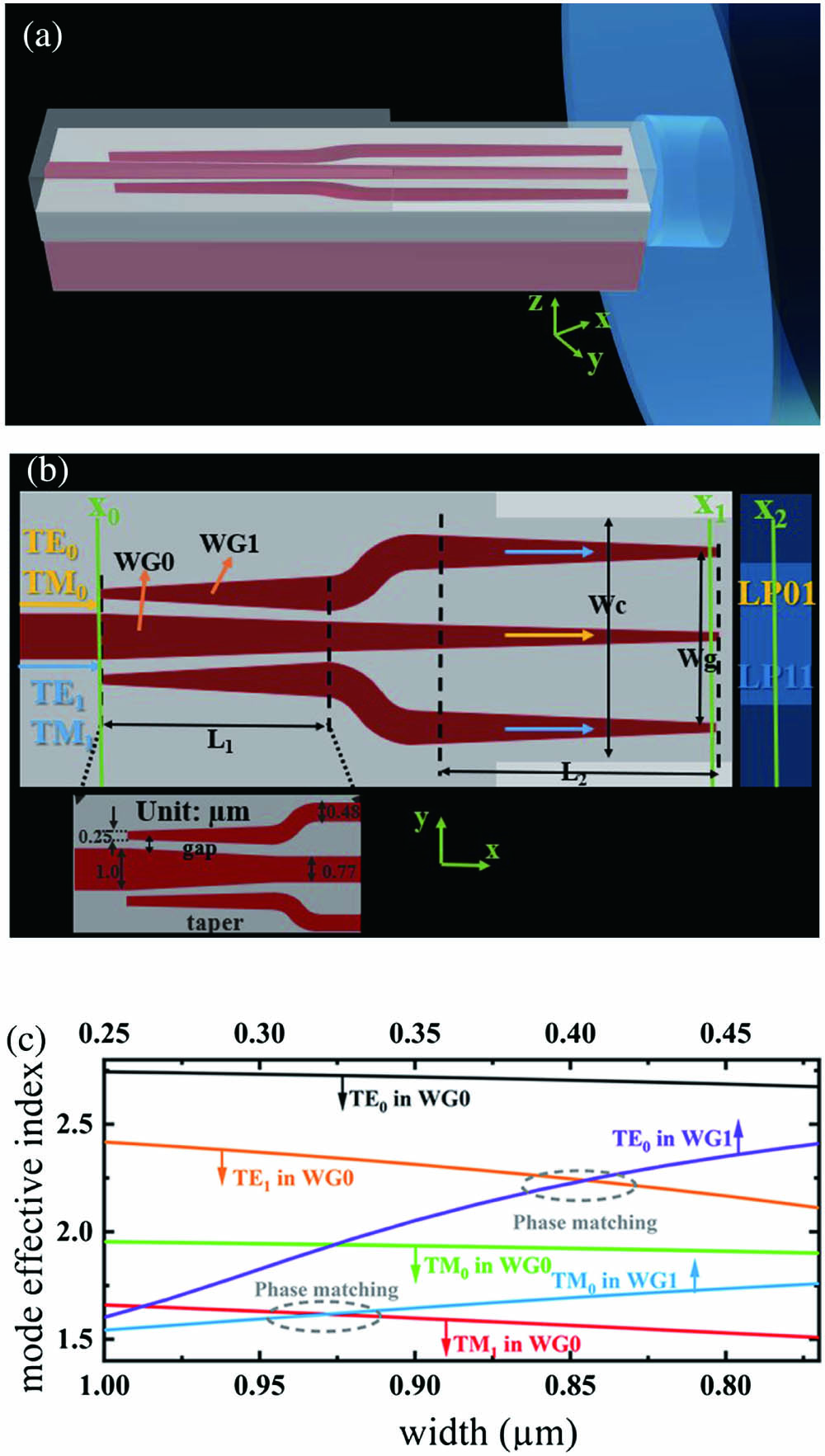 Schematics of DMEC coupling with dual-mode fiber in (a) 3D view and (b) top view; the silicon waveguides are in red, and the silicon oxide layer is in gray. The modes conversion process is also demonstrated. (c) Effective refractive index of the modes in each waveguide (WG0/WG1) of the mode-evolution counter-taper with tapering width from 1 µm/0.25 µm to 0.77 µm/0.48 µm.