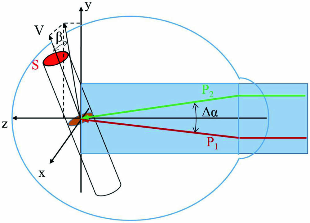 Illustration of the incident probe beams and the blood flow velocity. V, direction of the blood flow velocity; P1 and P2, two probe beams; Δα, angle between the two probe beams; β, angle between V and the illumination plane (y–z plane, composed of P1 and P2).