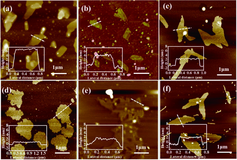 AFM images and corresponding height profiles (insets) of TMDs nanosheets obtained by LPE. (a) VS2 nanosheets; (b) NbS2 nanosheets; (c) TaS2 nanosheets; (d) VSe2 nanosheets; (e) NbSe2 nanosheets; (f) TaSe2 nanosheets.