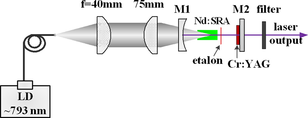 Laser experimental setup of diode-end-pumped continuous-wave and passively Q-switched Nd:SRA lasers.