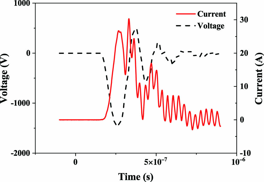 Typical traces of pulsed voltage and current with gas mixture of 1% Ar/He at 800 mbar, of which the deposited energy is about 2.1 mJ. CCPS is set at 800 V, with the voltage at C1 and C2 charged to 1.33 kV.