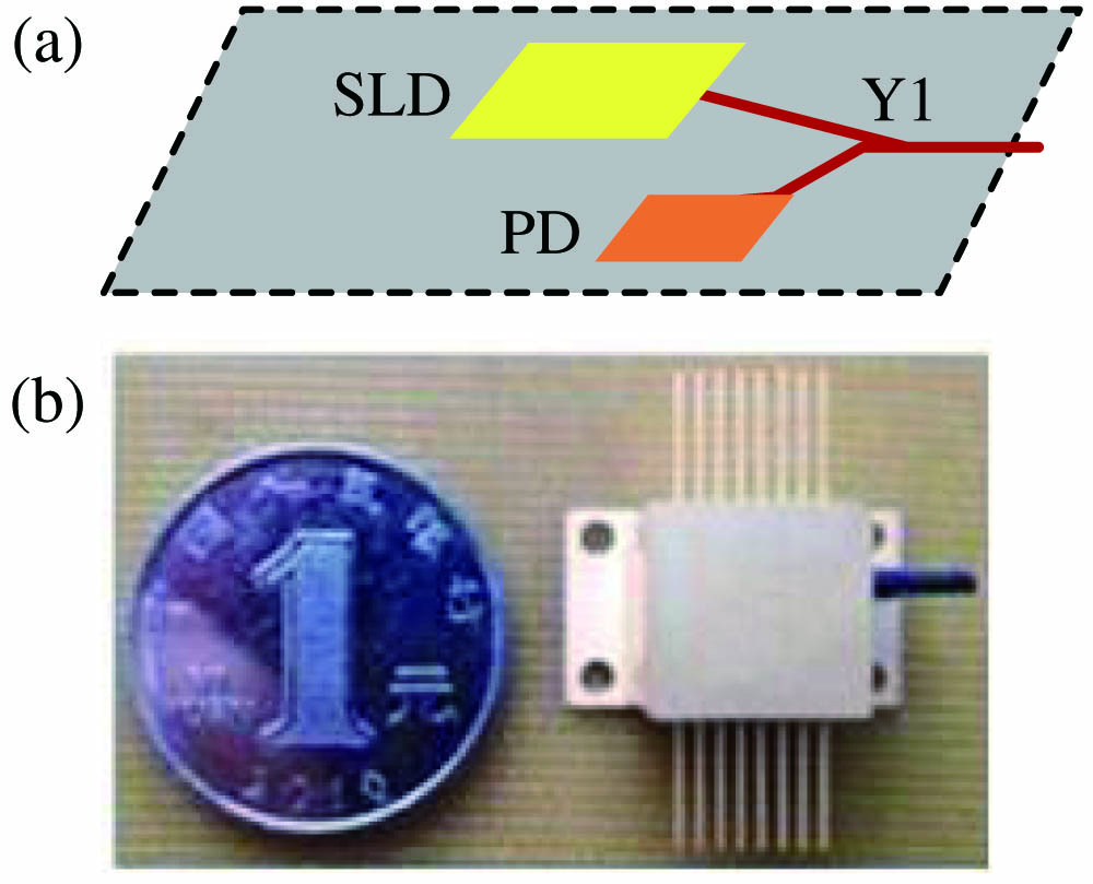 “Three-in-one” integrated optical chip (a) schematic and (b) photograph.