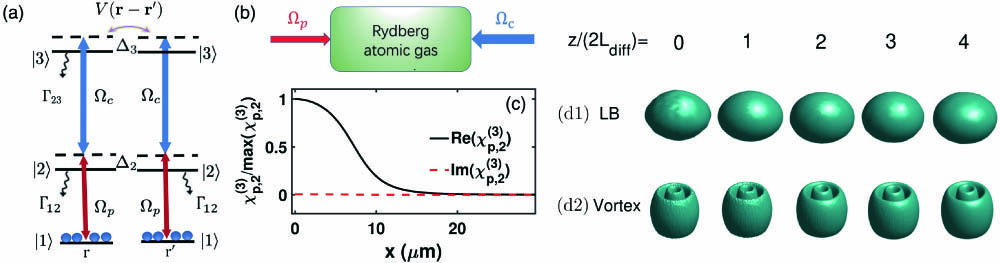 (a) Excitation scheme of the Rydberg EIT. |1〉, |2〉, and |3〉 are, respectively, the ground, intermediate, and Rydberg states; Ωp (Ωc) is the half-Rabi frequency of the probe (control) laser field; Γ12 (∼MHz) and Γ23 (∼kHz) are, respectively, decay rates from |2〉 to |1〉 and |3〉 to |2〉; Δ2 = ωp − (ω2 − ω1) and Δ3 = ωp + ωc − (ωc − ω1) are, respectively, the one- and two-photon detunings. ℏV(r − r′) is the vdW interaction between the two atoms in Rydberg states, respectively, located at r and r′. (b) Geometry of the system. The probe and control fields counter-propagate in the Rydberg atomic gas. (c) Normalized χp,2(3) (i.e., the coefficient of nonlocal Kerr nonlinearity) as a function of coordinate x, with the solid black (dashed red) line representing its real part Re(χp,2(3)) [imaginary part Im(χp,2(3))] for coordinate y = 0 (see text for more details). Evolution of a (d1) nonlocal LB and (d2) vortex in the system.