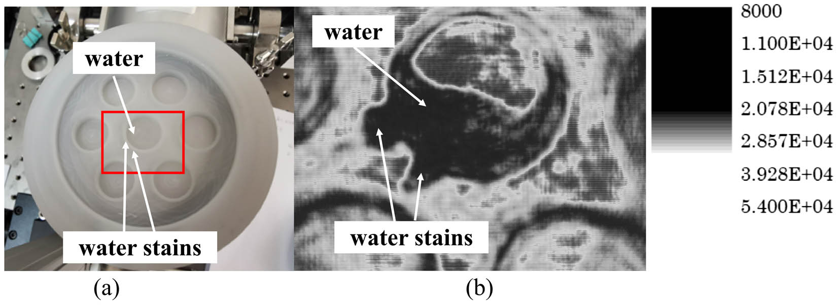 (a) Optical and (b) terahertz images of water and water stains on an HDPE sample cell.