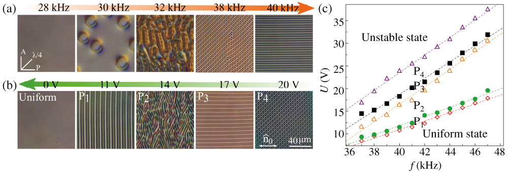 POM images and the corresponding phase diagram of pattern formation for the DFNLC DP002-026. (a) Pattern generation as the field frequency varies from 28 kHz to 40 kHz at the voltage U = 16.1 V, the cell thickness d = 8 µm, and T = 30°C. (b) Pattern generation as the field frequency varies from 25 V to 0 V at the frequency f = 40 kHz, the cell thickness d = 8 µm, 0 V, and T = 30°C. (c) The corresponding phase diagram of pattern formation during voltage decrease for the DFNLC DP002-026 in the cell of thickness d = 8 µm and T = 30°C. The patterns are recorded using crossed polarizers and a quarter waveplate placed at 45° with respect to P. The initial nematic director aligns horizontally.