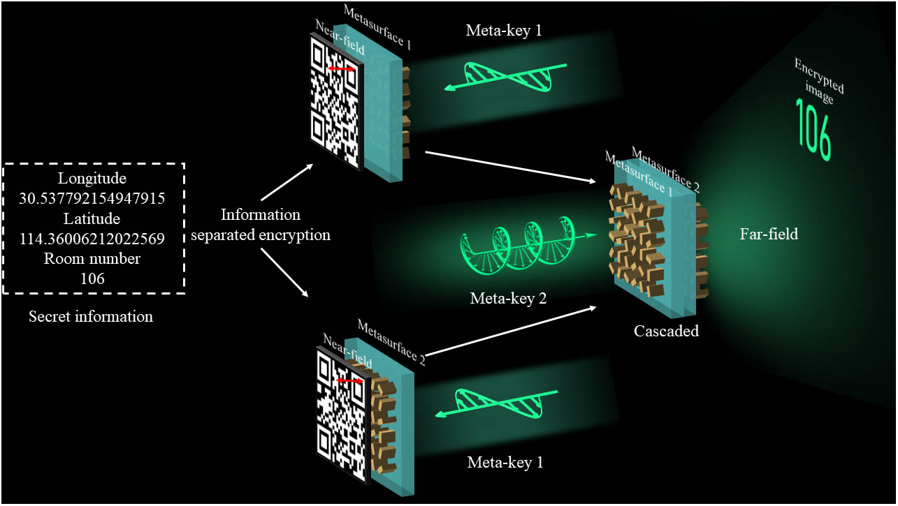 Schematic diagram of the proposed separated information encryption via a cascaded metasurface. The secret information is divided into two metasurfaces; each one of the two metasurfaces contains the information of a nanoprinting image and part of a holographic image. The individual nanoprinting image of each single metasurface is decoded in the near field, under the action of meta-key 1. The holographic image is decoded in the far field under the action of meta-key 2 when the two metasurfaces are cascaded.