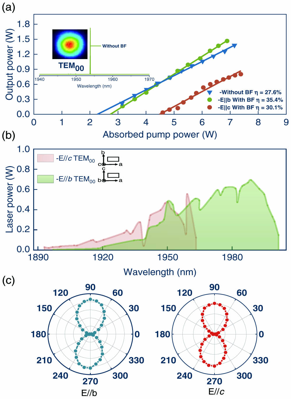 (a) Laser slope efficiency, (b) wavelength tuning performance, and (c) the polarization measurement of the annular light pumped Tm:YAP laser with E∥b and E∥c polarization. Inset in (a): beam pattern and the corresponding optical spectrum of the Tm:YAP laser without BF.