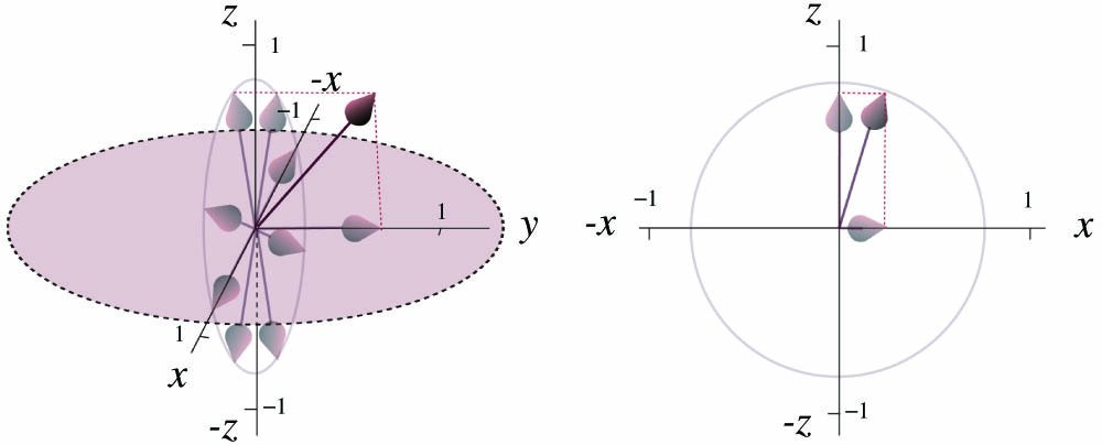 Physical meaning of the orientation parameters vx, vz, and vx,z. Left panel: the dipole vector is decomposed along the y axis and x–z plane. Right panel: the dipole vector in the x–z plane is further decomposed along the x and z axes.