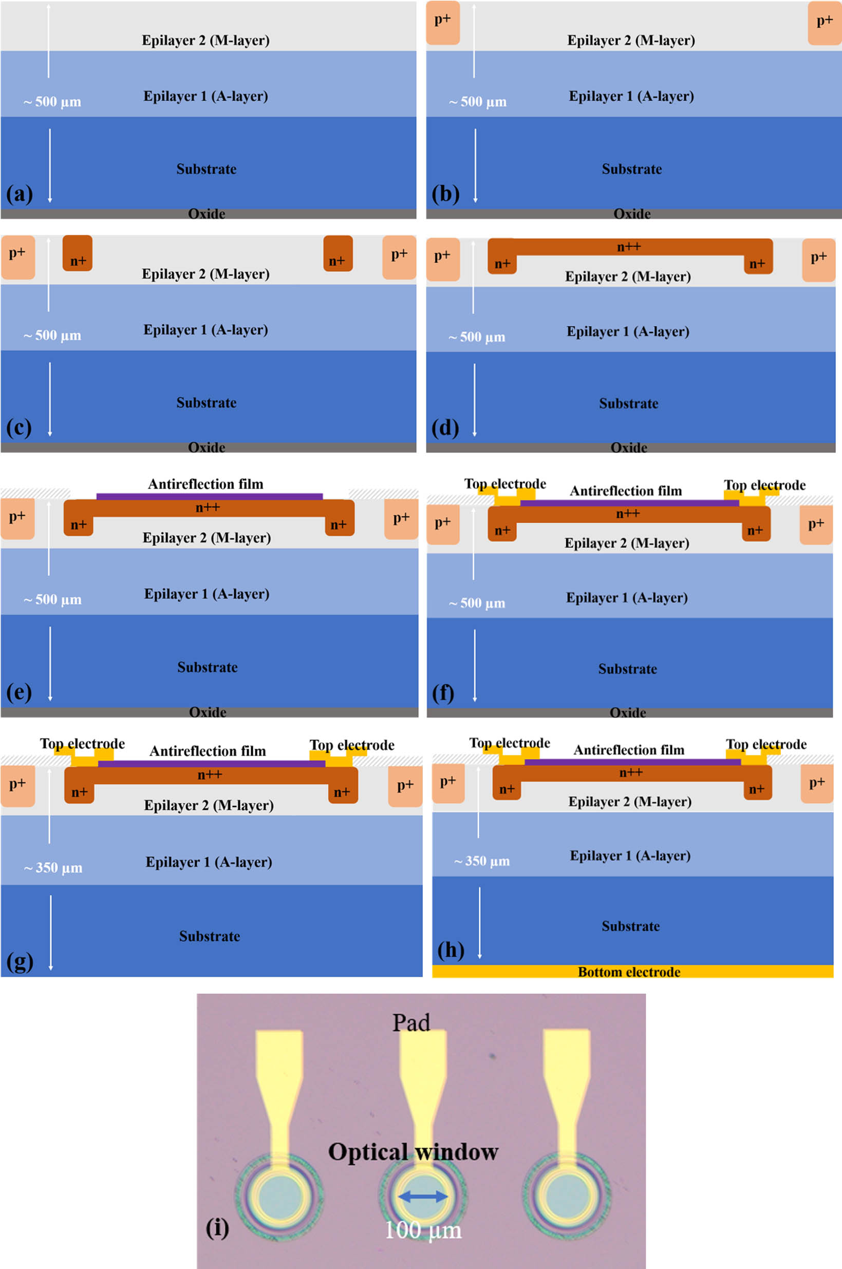 Key fabrication process of the silicon APD array and microscope photograph of partial fabricated arrays. (a) Epitaxial wafer growth; (b) implantation of P-stopper; (c) implantation of guard-ring and rapid thermal annealing; (d) implantation for ohm contact and rapid thermal annealing; (e) antireflection film deposited and etched; (f) TiAu deposition and patterning; (g) CMP on the back side; (h) metallization on the back side; (i) microscope photograph of partial fabricated arrays.
