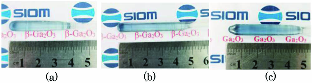 Photos of the as grown Sb-doped β-Ga2O3 crystals. (a) 0.1% Sb; (b) 1.0% Sb; (c) 2.0% Sb.