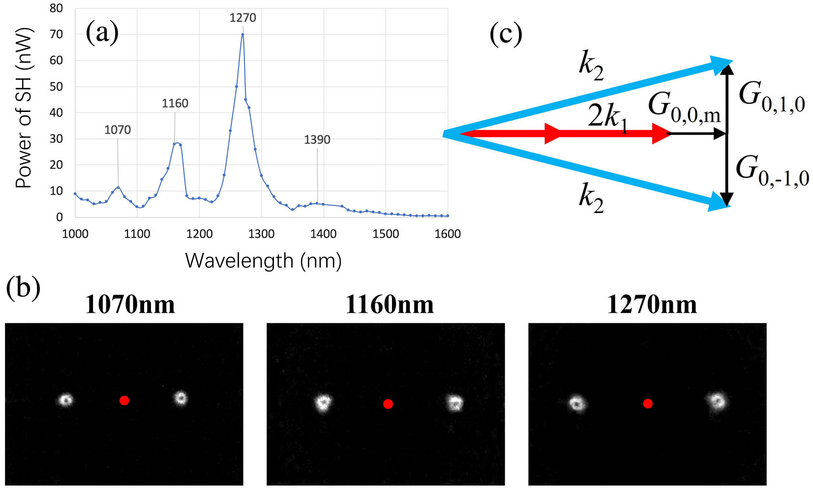 (a) Wavelength tuning response of the SHG in periodic fork-shaped grating at normal incidence; (b) recorded SH images at resonant wavelengths of 1270, 1160, and 1070 nm in the far field. They correspond to QPM interactions involving different orders of longitudinal reciprocal lattice vectors. (c) The phase-matching diagrams at these resonance wavelengths; the transverse phase-matching conditions are the same for these three wavelengths, but the longitudinal conditions are different. From left to right (1070 to 1270 nm), the corresponding reciprocal lattice vectors in the longitudinal direction are G0,0,4, G0,0,3, G0,0,2, i.e., m = 4, 3, 2, respectively.