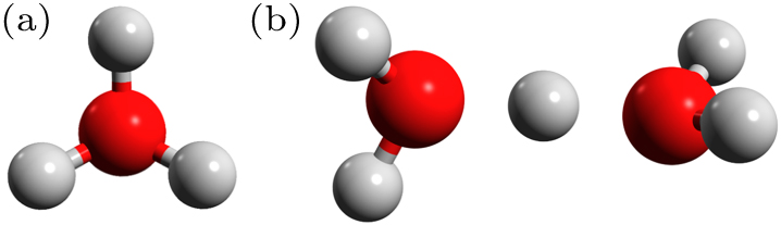 The structures of (a) Eigen and (b) Zundel. Red: O atom; grey: H atom.