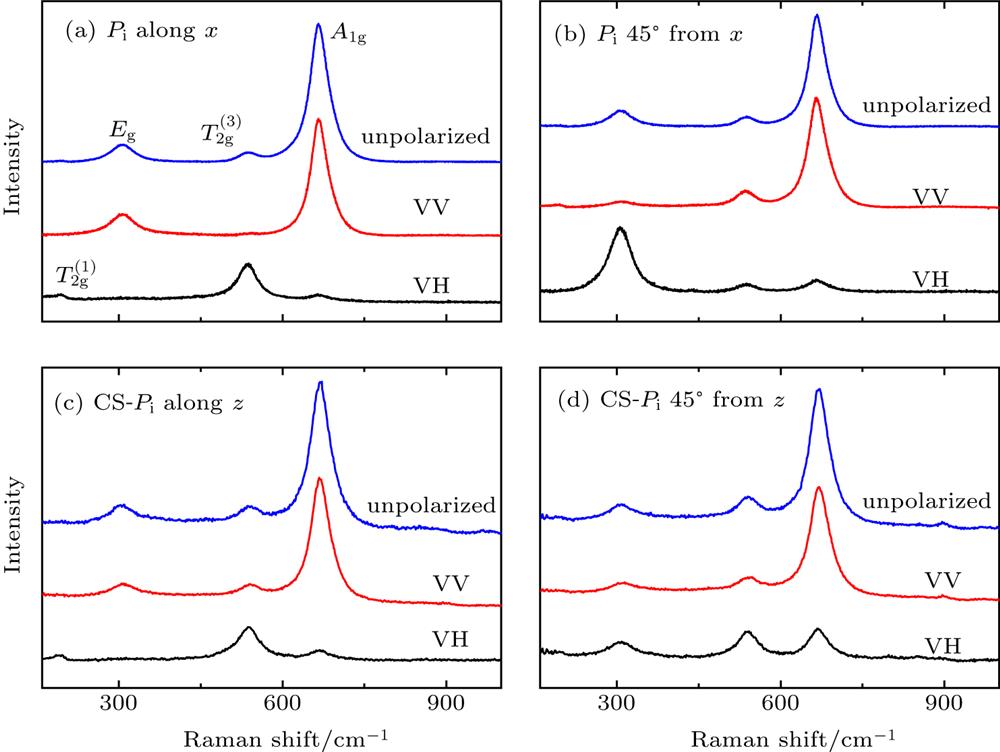 Polarized Raman spectra of the Fe3O4 film of 217 nm obtained in the normal [(a) and (b)] and cross-sectional [(c) and (d)] scattering configuration.
