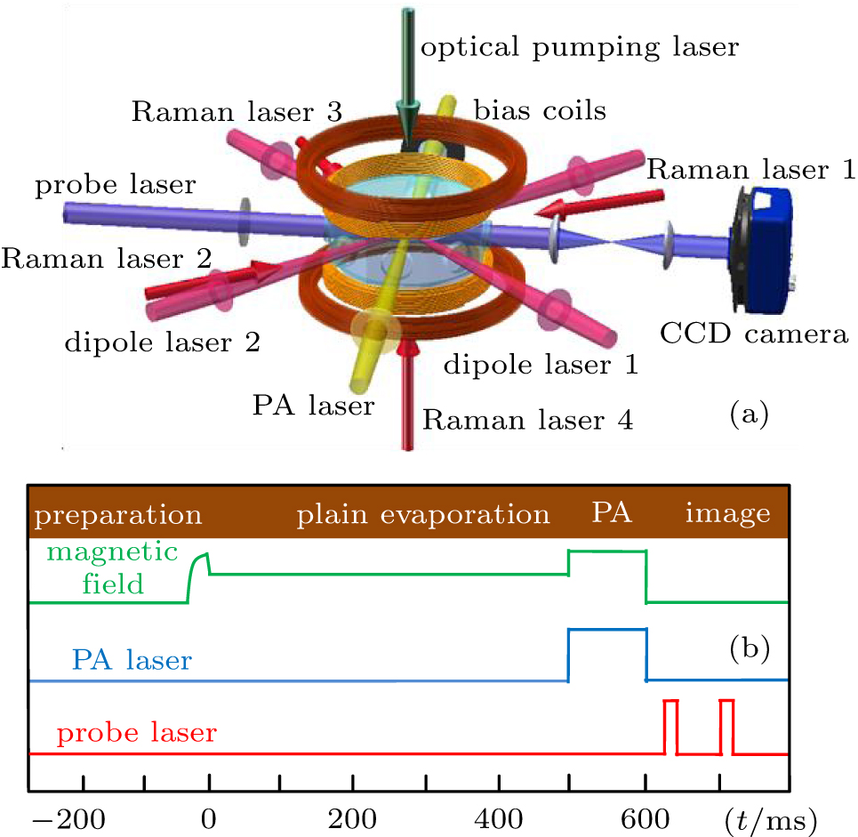 (a) Experimental setup. Raman lasers 1–4 and an optical pumping laser are applied to implement the Raman sideband cooling. Dipole lasers 1 and 2 are applied to construct the crossed dipole trap. Bias coils are used to produce the external magnetic field. The probe laser passes through the trapped atoms, and the number and density of atoms are measured using the absorption image technique. (b) Experimental sequence for manipulation of the magnetic field, PA laser, and probe laser of absorption image.