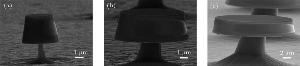 Side-view SEM images of microdisks with the diameters of (a) 3.3 μm, (b) 8 μm, and (c) 18 μm.