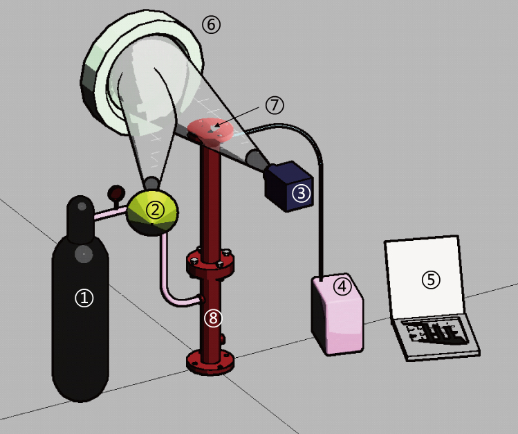 The image of experimental layout: (1) gas cylinder; (2) light source; (3) camera; (4) pressure testing system; (5) computer; (6) concave mirror; (7) liquid sample; (8) shock tube.