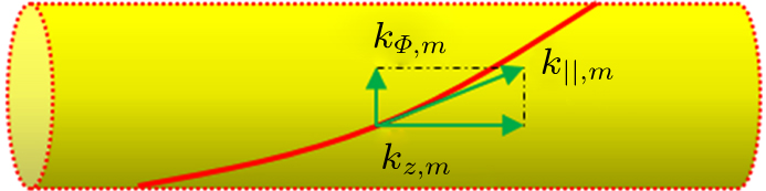 Schematic illustration of SPPs propagating on a plasmonic cylindrical waveguide, km≡k∥,m=0⋅ρ^+mkϕϕ^+kz,mz^.