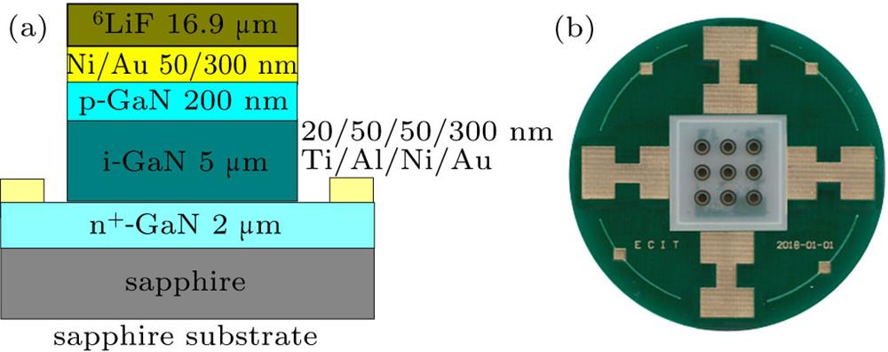(a) Device structure evaporated 6LiF; (b) photograph of nine neutron detectors mounted in the PCB with Au-plated contact by 25-μm gold wires. External ring contact (Ti/Al/Ni/Au) and internal circular contact (Ni/Au) were connected to the VCC and GND of the applied voltage, respectively. The dimensions in the picture are not drawn to scale.