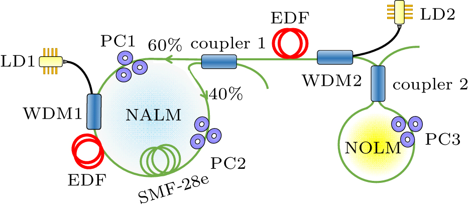 Experimental setup consisting of laser diode (LD), wavelength division multiplexer (WDM), erbium-doped fiber (EDF), and polarization controller (PC).