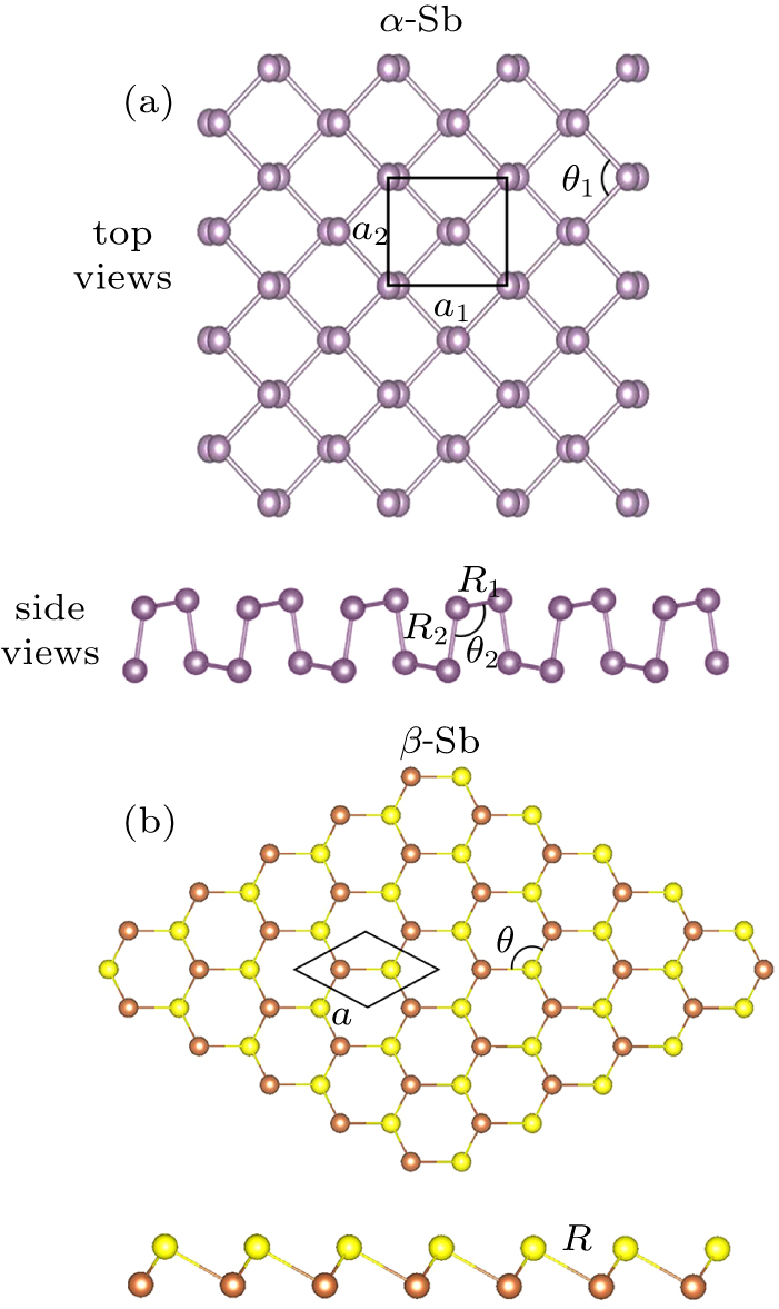 Atomic structural models of antimonene allotropes. (a) Top view and side view of α-Sb. (b) Top view and side view of β-Sb.