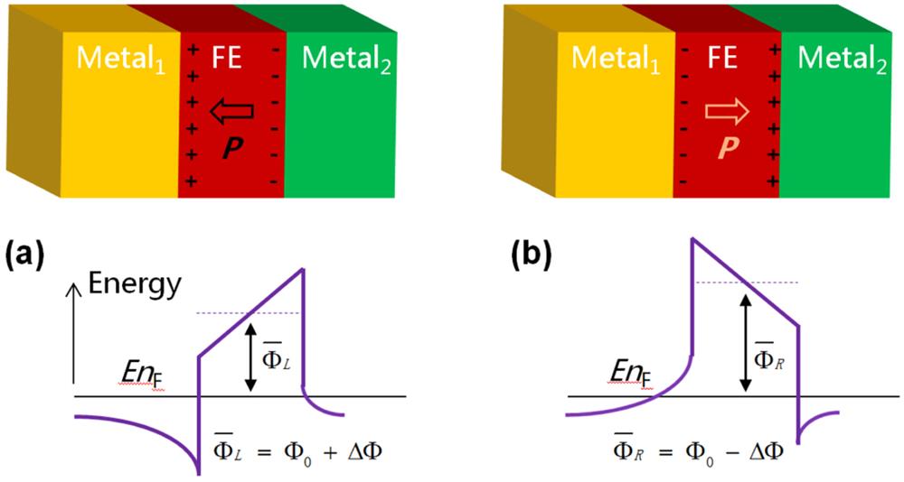Schematic representation of the energy potential profile in an FTJ for polarization pointing to the electrode one (Metal1) (a) and for polarization pointing to the electrode two (Metal2) (b). Reproduced from Ref. [7], copyright 2005, with permission of APS.