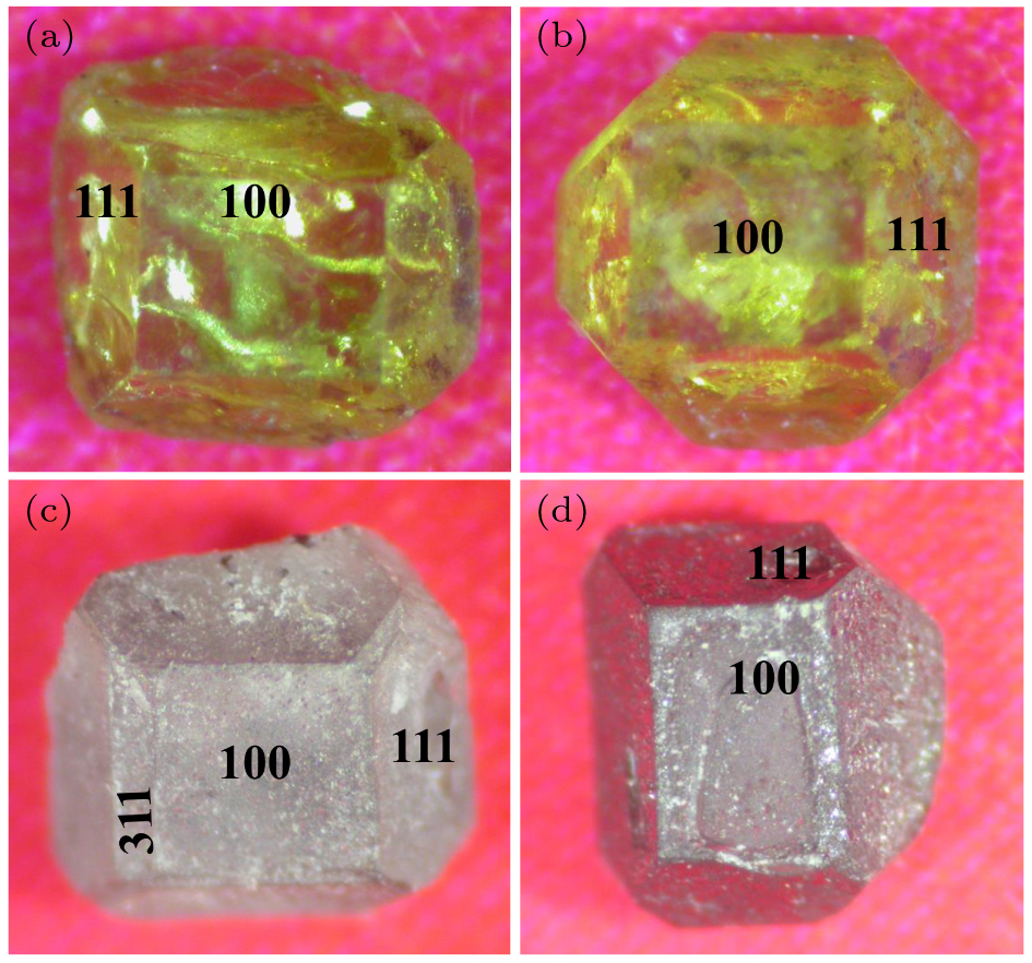 Optical morphology of the synthesized diamond crystals with different concentrations of CH4N2S additive or CH4N2S + Ti/Cu additives. (a) 0.2 mg CH4N2S additive, (b) 0.3 mg CH4N2S additive, (c) 0.2 mg CH4N2S + Ti/Cu additives, (d) 0.3 mg CH4N2S + Ti/Cu additives.