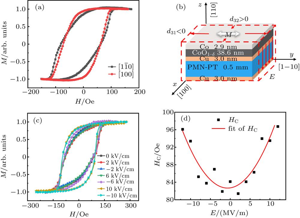 (a) The ZFC magnetic hysteresis loops measured with magnetic fields applied along the [1 – 10] and [001] directions. (b) A schematic of the strain induced in the PMN-PT (110) substrate with the applied electric field. (c) The dependence of the ZFC magnetic hysteresis loops along the [1 – 10] direction upon the applied electric fields. (d) The electric field dependence of the HC extracted from the hysteresis loops in (c).