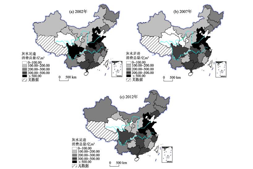 2002—2012年中国30个省份灰水足迹消费总量注：本图基于自然资源部标准地图服务网站下载的审图号为GS(2016)1599号的标准地图制作,底图无修改。Fig.1
