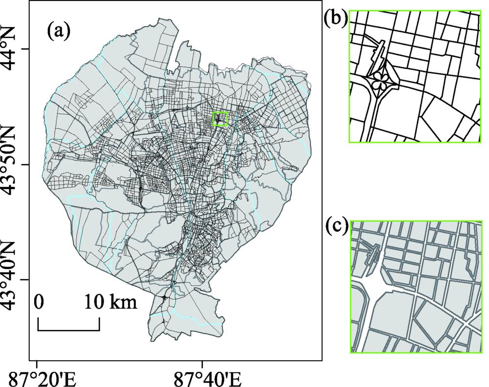 城市路网及地块单元注：图b为路网图层,c为街区图层。Fig.2