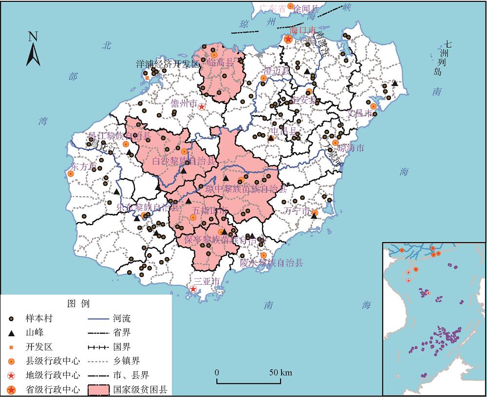 样本村分布注:本图基于海南测绘地理信息局标准地图服务网站下载的审图号为琼S（2019）054号的标准地图制作,底图无修改。下同。Fig.1