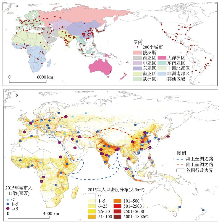 Spatial distribution of 200 cities around the world (a) and 80 cities along the Belt and Road (b)