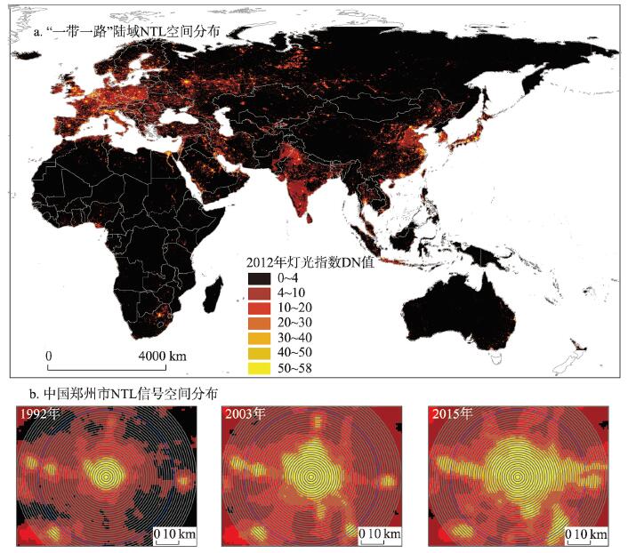 Spatial distribution of intercalibrated nighttime lights along the Belt and Road (a), and the distribution of intercalibrated nighttime lightsin Zhengzhou, China (b)