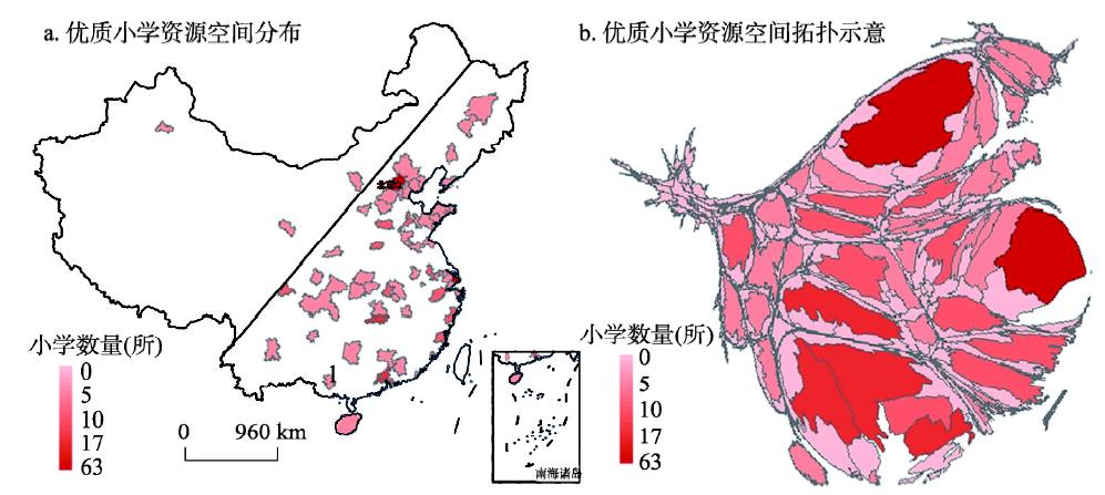 2018年中国优质小学教育资源空间分布(a)及其空间拓扑示意图(b)注：基于国家测绘地理信息局标准地图服务网站下载的审图号为GS(2016)1594号的标准地图制作,底图无修改。Fig. 2