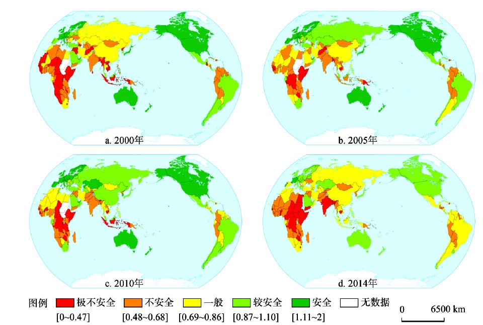 2000—2014年全球粮食安全格局的变化注：基于国家测绘地理信息局标准地图服务网站下载的审图号为GS(2016)2948号的标准地图制作,底图无修改。Fig. 1
