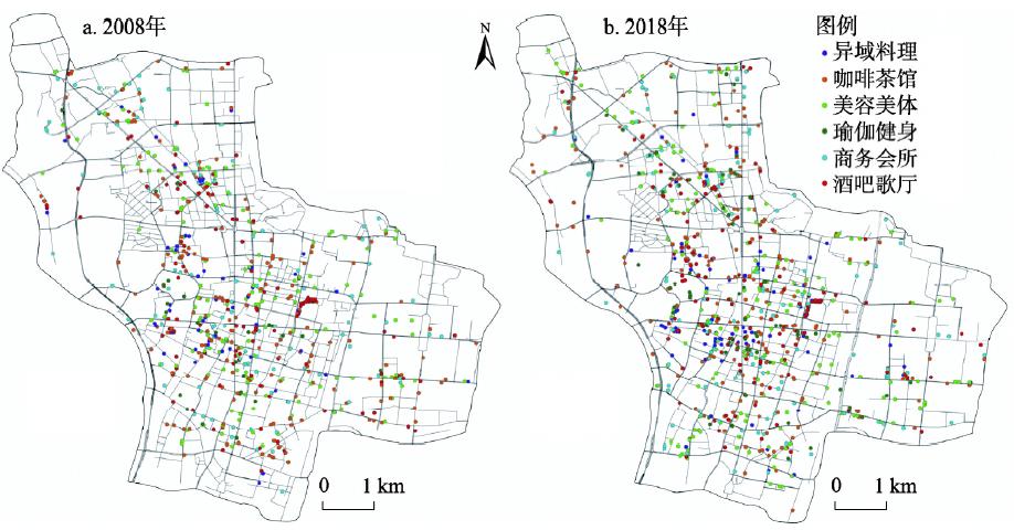 2008年和2018年南京内城6类商娱场所空间分布Fig. 2