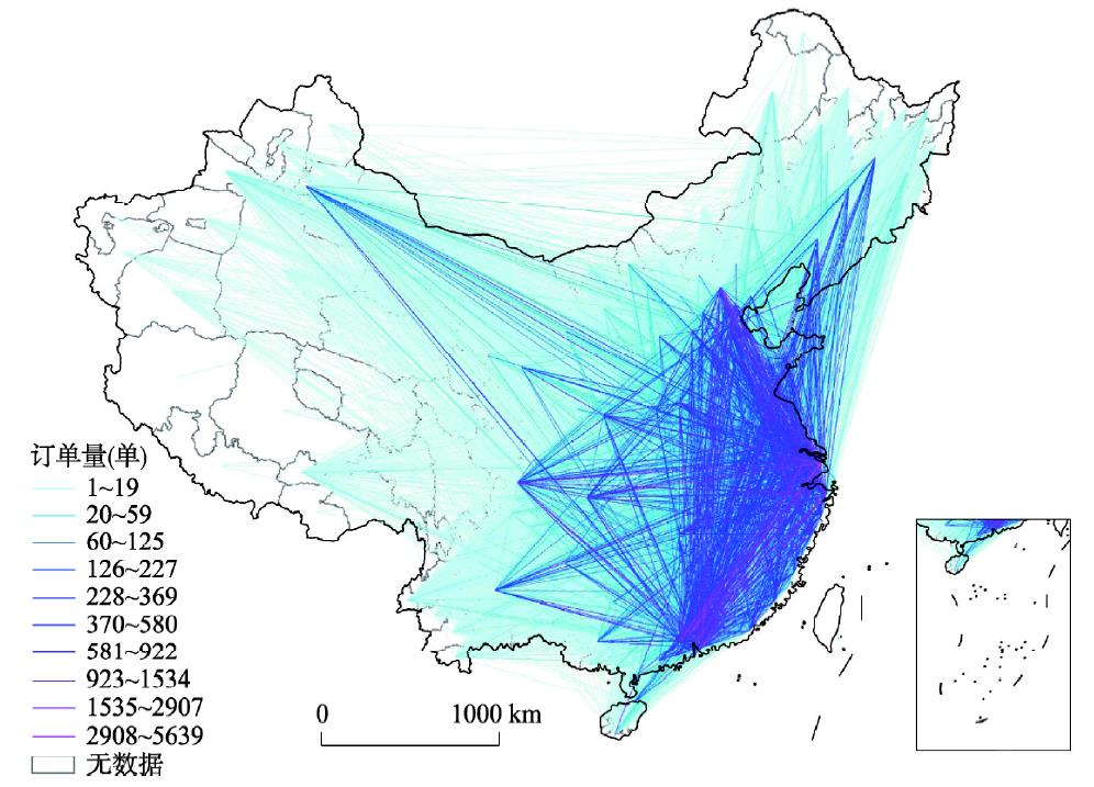 2017年11月—2018年1月中国城际专线物流联系强度空间分布注：基于国家测绘地理信息局标准地图服务网站下载的审图号为GS(2016)1569号的标准地图制作,底图无修改。Fig. 2
