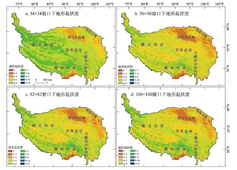 Spatial patterns of the relief degree of land surface (RDLS) with different window areas in the Qinghai-Tibet Plateau, China